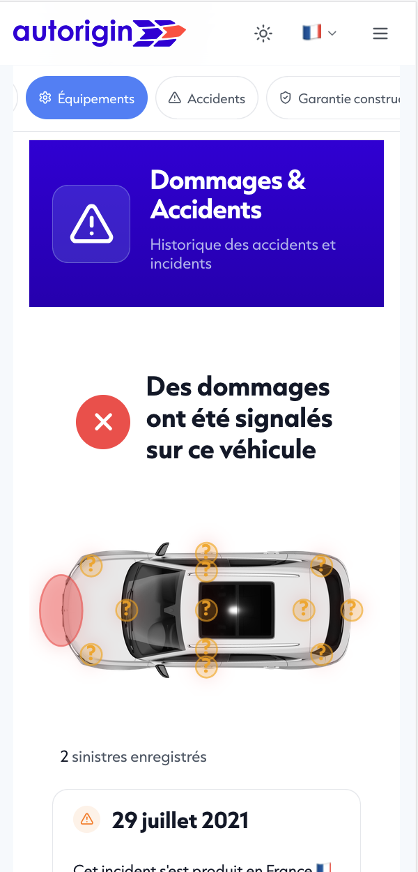 Aperçu de la section accidents du rapport Autorigin